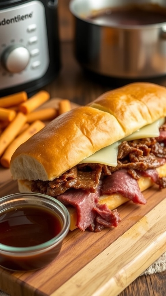 Air Fryer French Dip Sandwiches Recipe Air fryer French dip sandwich with roast beef and provolone cheese, served with au jus for dipping on a wooden board.